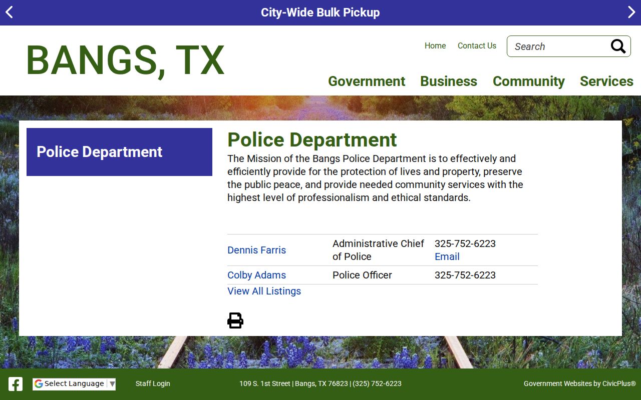 Bangs warrant search police department contact page